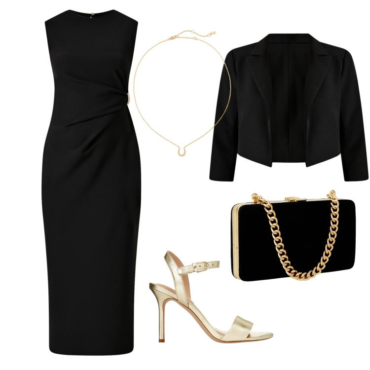 Outfit donna - Serata formale a teatro. Stile Chic per Serata fuori. Abbinamento con vestiti a tubino, bolero, sandali in pelle, clutch, ciondoli.