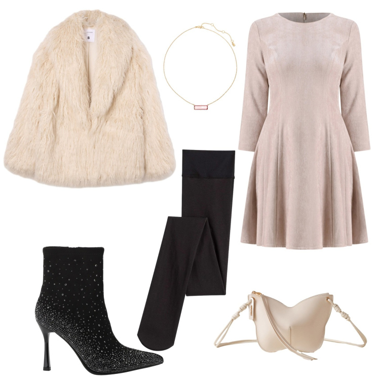 Outfit donna - Aspettando le Feste.. Stile 70s per Serata fuori. look ideale per Tall. Abbinamento con collant, vestiti corti, ecopellicce, stivaletti, borse a tracolla, collane.