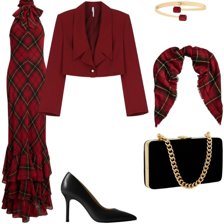 Outfit donna - Quarantesimo compleanno a Natale. Stile Glamour per Serata fuori. Abbinamento con blazer, sciarpe, décolleté, clutch, braccialetti, vestiti.