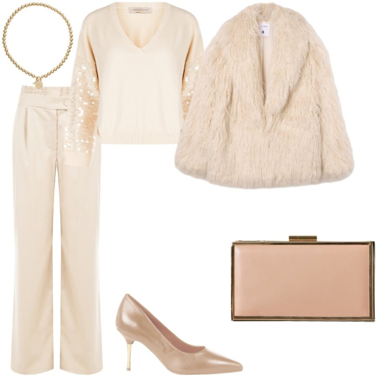 Outfit donna - Total beige. Stile Chic per Serata fuori. Abbinamento con maglieria, décolleté, pochette, pantaloni a palazzo, ecopellicce, collane.