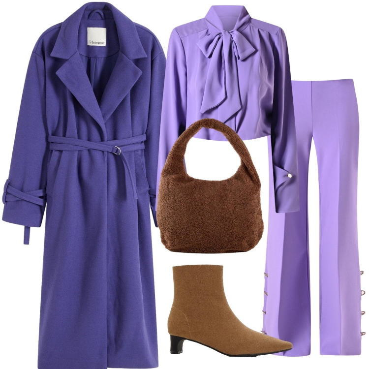 Outfit donna - Total look #2288307. Stile Chic per Serata fuori. Abbinamento con stivaletti, shopping bag, cappotti, pantaloni a palazzo, bluse.