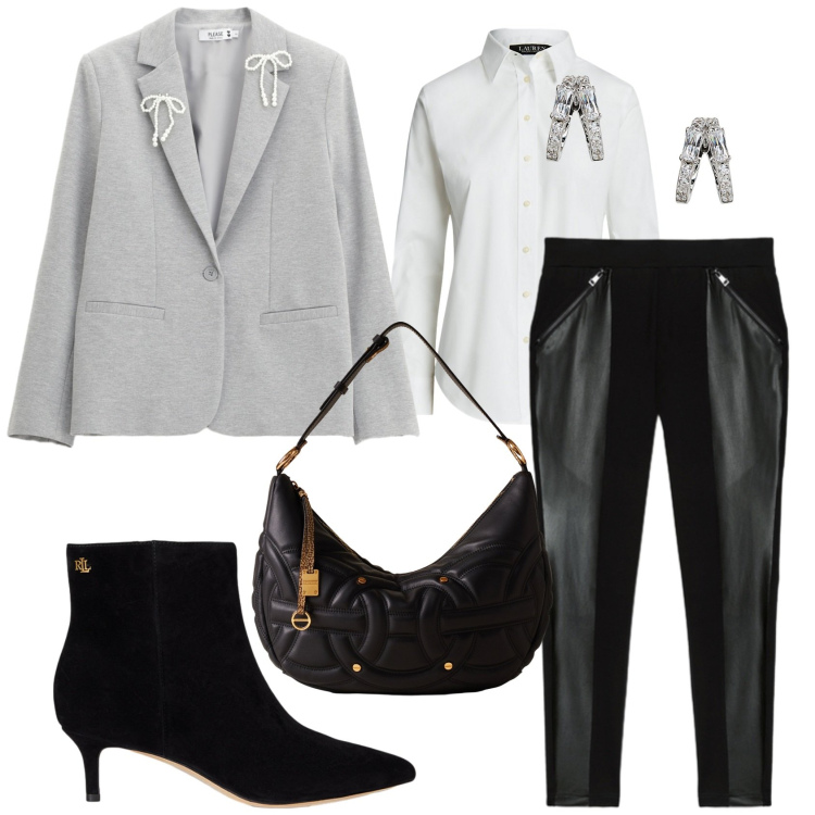 Outfit donna - Total look #2288308. Stile Chic per Serata fuori. Abbinamento con blazer, borse a spalla, camicie, orecchini, stivaletti, leggings.