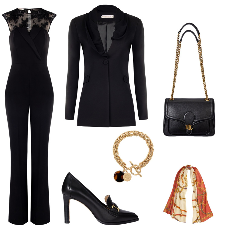Outfit donna - Black total look. Stile Chic per Cerimonia. Abbinamento con tute, blazer, décolleté, borse a spalla, braccialetti con ciondoli, sciarpe.