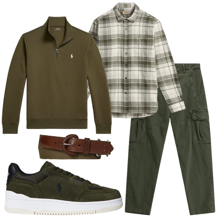 Outfit uomo - Total look #2288315. Stile Casual per Tutti i giorni. Abbinamento con pantaloni cargo, sneakers, cinture, pullovers, camicie.