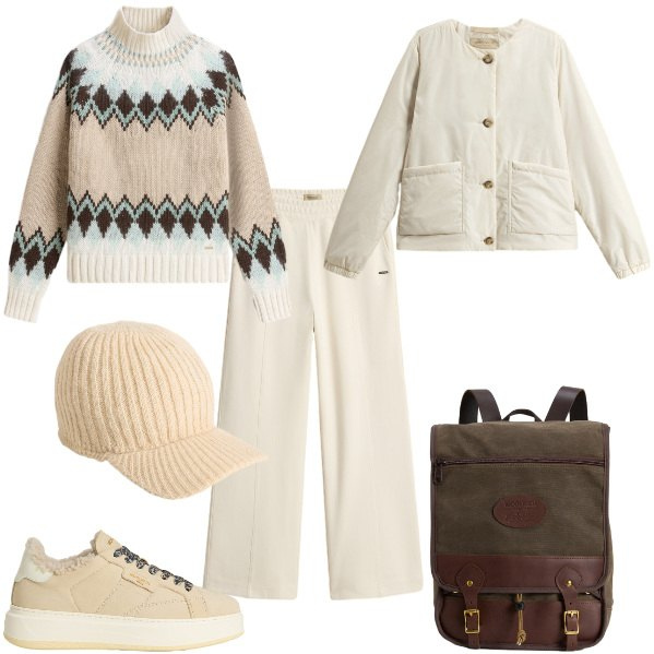 Outfit donna - Total look #2288316. Stile Sporty chic per Tutti i giorni. Abbinamento con cappelli, maglieria, blazer, pantaloni, sneakers, zaini.