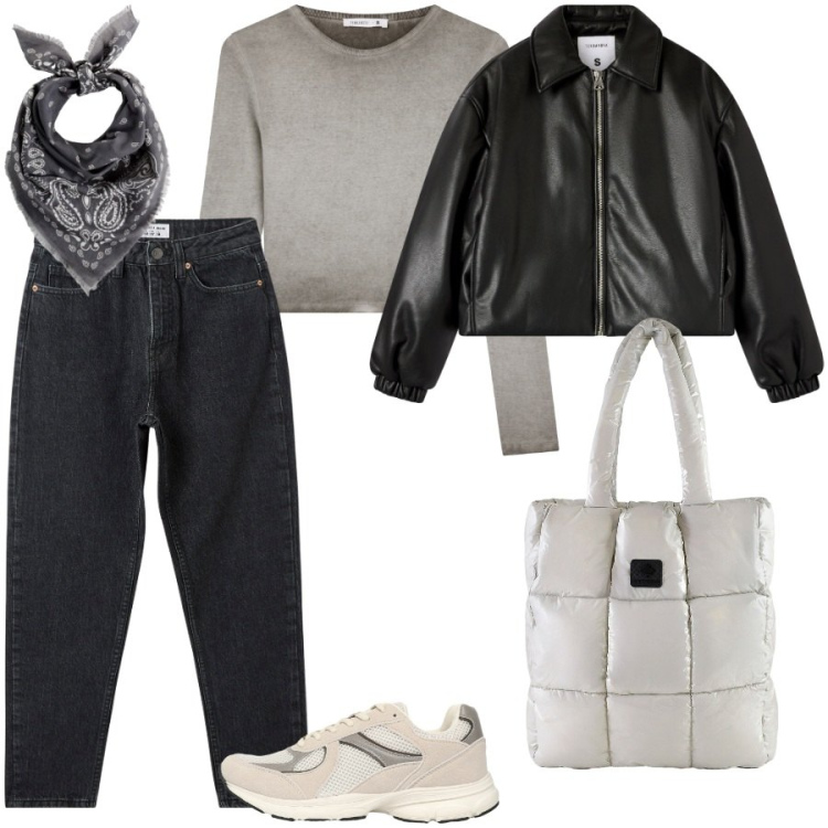Outfit donna - Bomber in ecopelle. Stile Casual per Tutti i giorni. Abbinamento con foulard, jeans mom, bomber, t-shirt, sneakers, shopping bag.