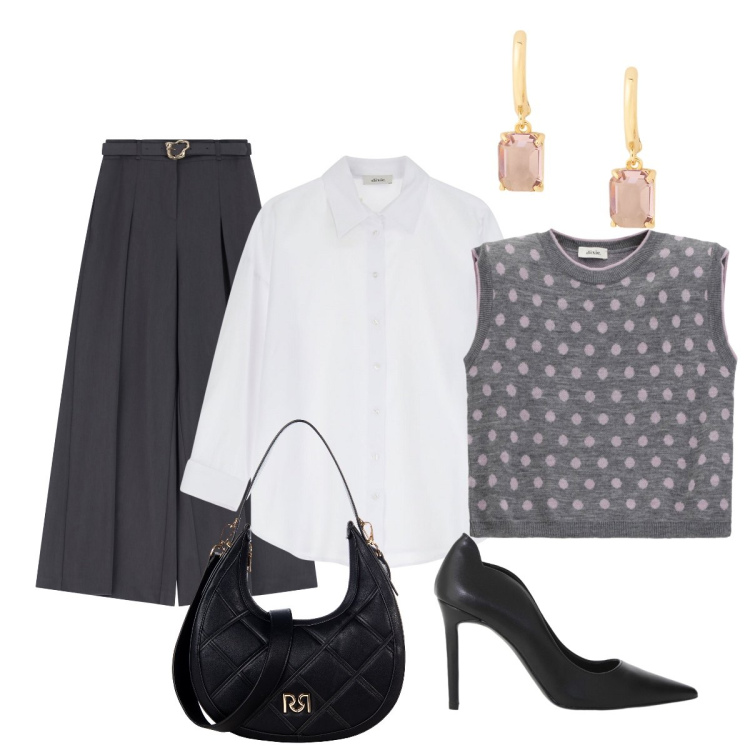 Outfit donna - E’domenica…. Stile Minimal per Tutti i giorni. Abbinamento con borse a tracolla, pantaloni, maglieria, camicie, décolleté, orecchini.