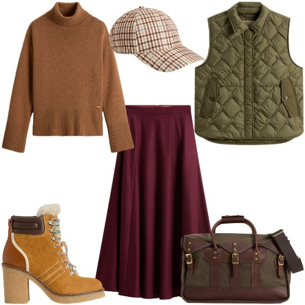 Outfit donna - Total look #2288323. Stile Vintage retrò per Tutti i giorni. Abbinamento con borse a tracolla, cappelli, gonne lunghe, gilet, stivaletti, maglieria.