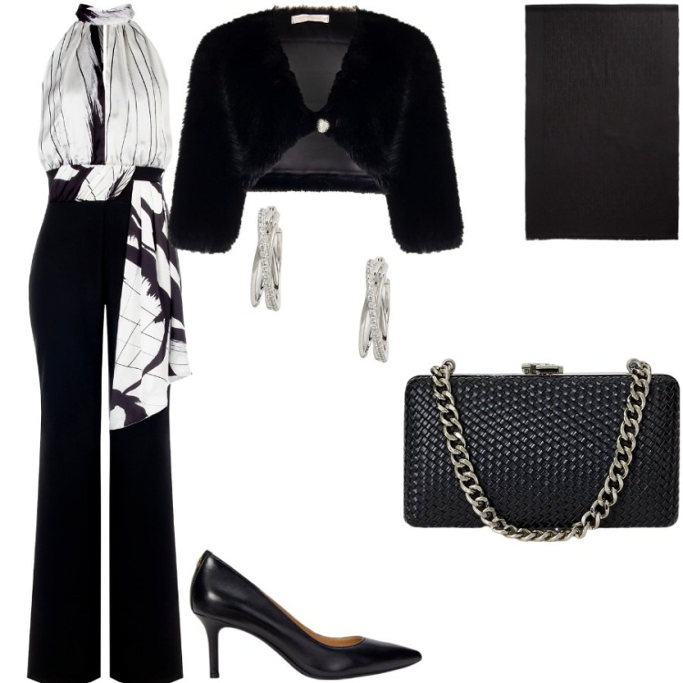 Outfit donna - Party party. Stile Glamour per Serata fuori. Abbinamento con tute, bolero, orecchini, décolleté, clutch, sciarpe.