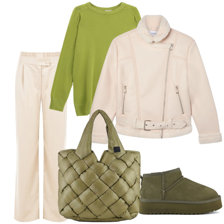 Outfit donna - soft wi. Stile Casual chic per Tutti i giorni. Abbinamento con pantaloni a palazzo, bomber, pullovers, borse tote, stivaletti.