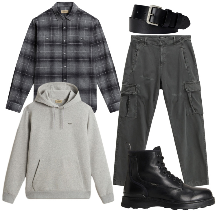 Outfit uomo - Total look #2288327. Stile Casual per Tutti i giorni. Abbinamento con pantaloni cargo, cinture, anfibi, camicie, felpe con cappuccio.