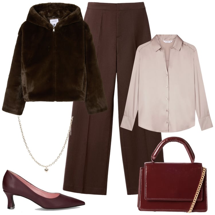 Outfit donna - In ufficio....Terranova. Stile Casual chic per Ufficio. Abbinamento con ecopellicce, camicie, collane, pantaloni, borse a tracolla, décolleté.