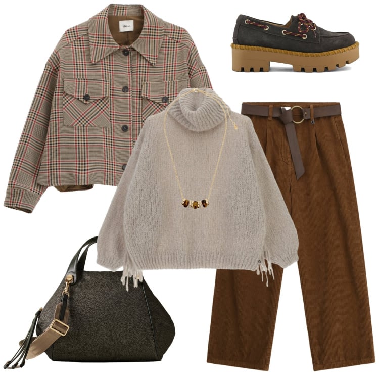Outfit donna - Qualcosa di velluto. Stile Casual per Tutti i giorni. Abbinamento con borse a mano, maglieria, pantaloni a palazzo, cappotti, collane, mocassini.