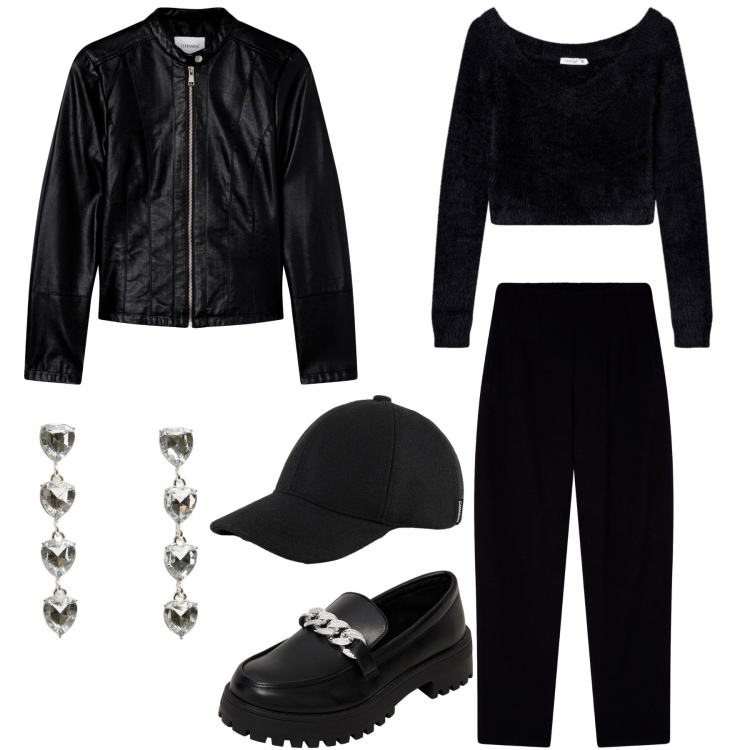 Outfit donna - Total Black Urban Heartbeat. Stile Glamour per Serata fuori. Abbinamento con mocassini, pantaloni chino, orecchini, giacche, maglieria, cappelli.