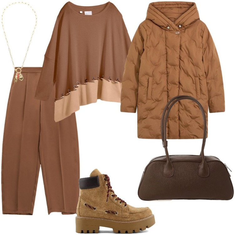 Outfit donna - Marrone bruciato. Stile Casual per Ufficio. Abbinamento con maglieria, giacche, pantaloni, ciondoli, borse a mano, stivaletti.