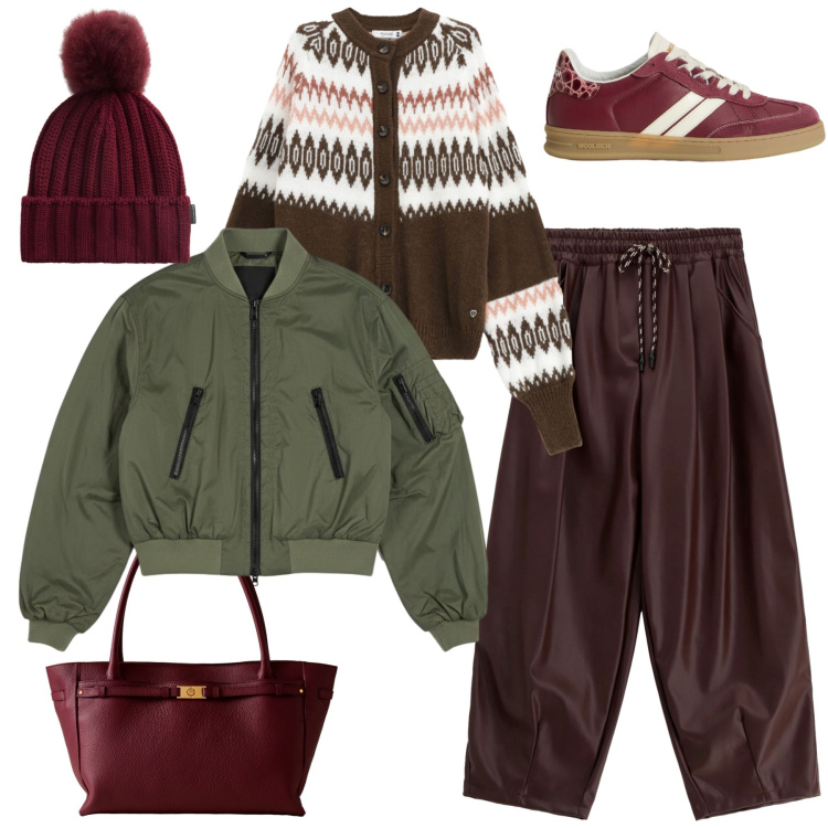 Outfit donna - La mia giacca bomber. Stile Glamour per Tutti i giorni. Abbinamento con cardigans, shopping bag, pantaloni a palazzo, bomber, sneakers, berretti.