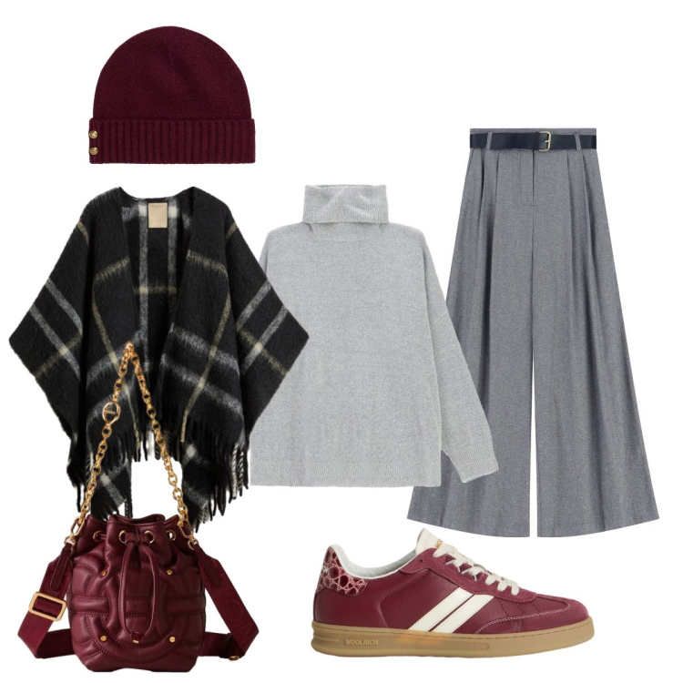 Outfit donna - Un caffè in compagnia. Stile Casual chic per Tutti i giorni. Abbinamento con maglieria, pantaloni a palazzo, borse a secchiello, berretti, sneakers, cappe.