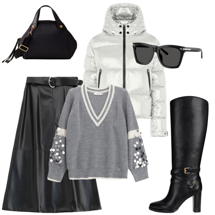 Outfit donna - Pomeriggio novembrino. Stile Casual chic per Tutti i giorni. Abbinamento con maglieria, gonne lunghe, borse a mano, occhiali da sole, stivali, piumini.