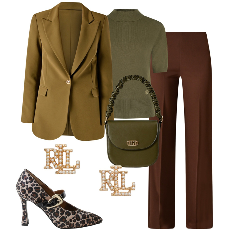 Outfit donna - City. Stile Urban per Tutti i giorni. Abbinamento con pantaloni a palazzo, pullovers, borse a mano, blazer, décolleté, orecchini.