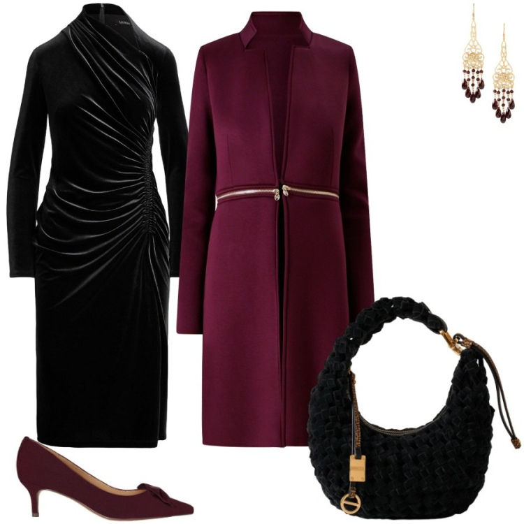 Outfit donna - Abito in velluto con drappeggi. Stile Bon Ton per Serata fuori. Abbinamento con cappotti, borse a mano, vestiti asimmetrici, décolleté, orecchini.