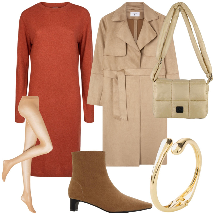 Outfit donna - Daily. Stile Urban per Tutti i giorni. Abbinamento con collant, braccialetti, stivaletti, trench, borse a spalla, vestiti midi/longuette.
