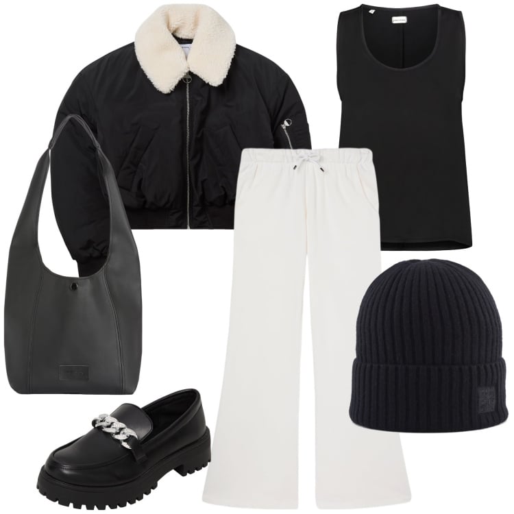 Outfit donna - Black and white in winter. Stile Basic per Tutti i giorni. Abbinamento con blazer, pantaloni, mocassini, borse a spalla, berretti, top.