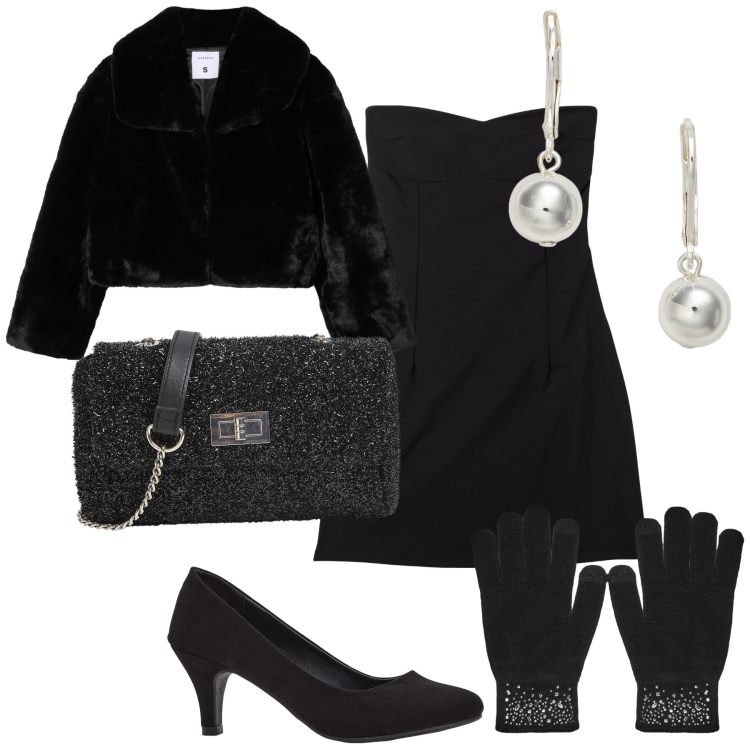 Outfit donna - Coco docet. Stile Chic per Serata fuori. Abbinamento con décolleté, ecopellicce, vestiti corti, guanti, borse a tracolla, orecchini.