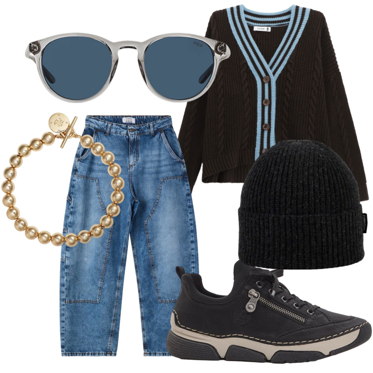 Outfit donna - Il bracciale inaspettato. Stile Casual chic per Tutti i giorni. Abbinamento con sneakers, cardigans, jeans dritti, occhiali da sole, braccialetti, berretti.