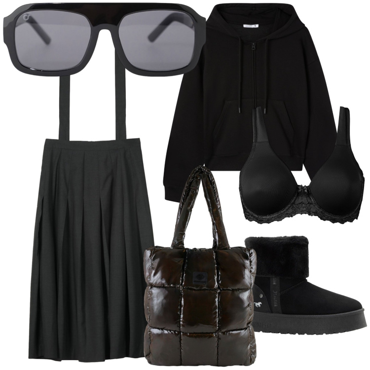 Outfit donna - Warm in black. Stile Basic per Tutti i giorni. Abbinamento con reggiseni, stivaletti, felpe con cappuccio, occhiali da sole, shopping bag, gonne lunghe.