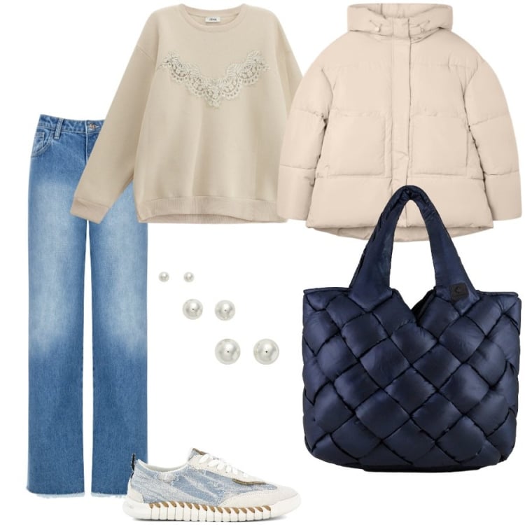 Outfit donna - Al mercatino. Stile Casual per Tutti i giorni. Abbinamento con bomber, jeans dritti, felpe, orecchini, borse tote, sneakers.