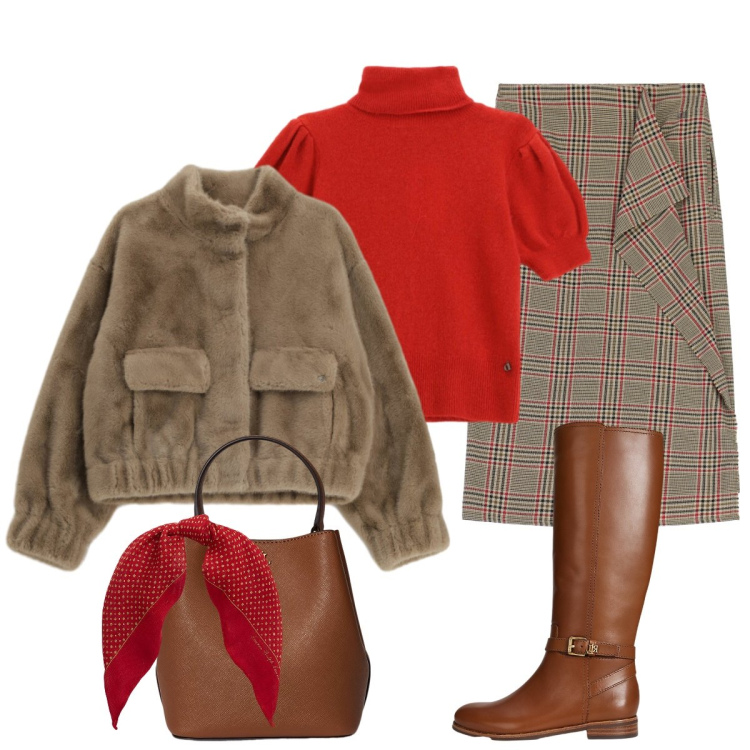 Outfit donna - In ufficio. Stile Chic per Tutti i giorni. Abbinamento con blazer, gonne longuette, maglieria, borse a secchiello, stivali, foulard.