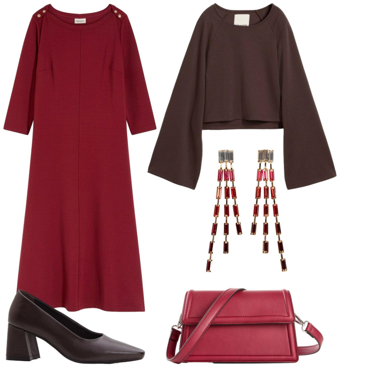 Outfit donna - Day to night. Stile Chic per Serata fuori. Abbinamento con cappe, vestiti, décolleté, borse a tracolla, orecchini.