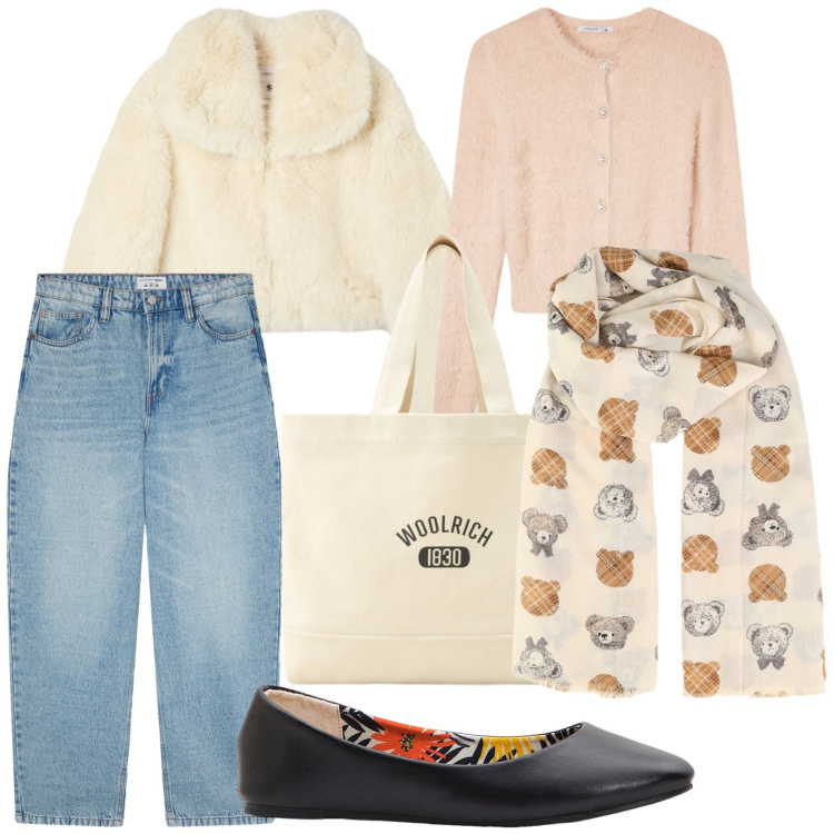 Outfit donna - Baby colors. Stile Casual chic per Tutti i giorni. Abbinamento con ballerine, foulard, cardigans, jeans, ecopellicce, borse tote.