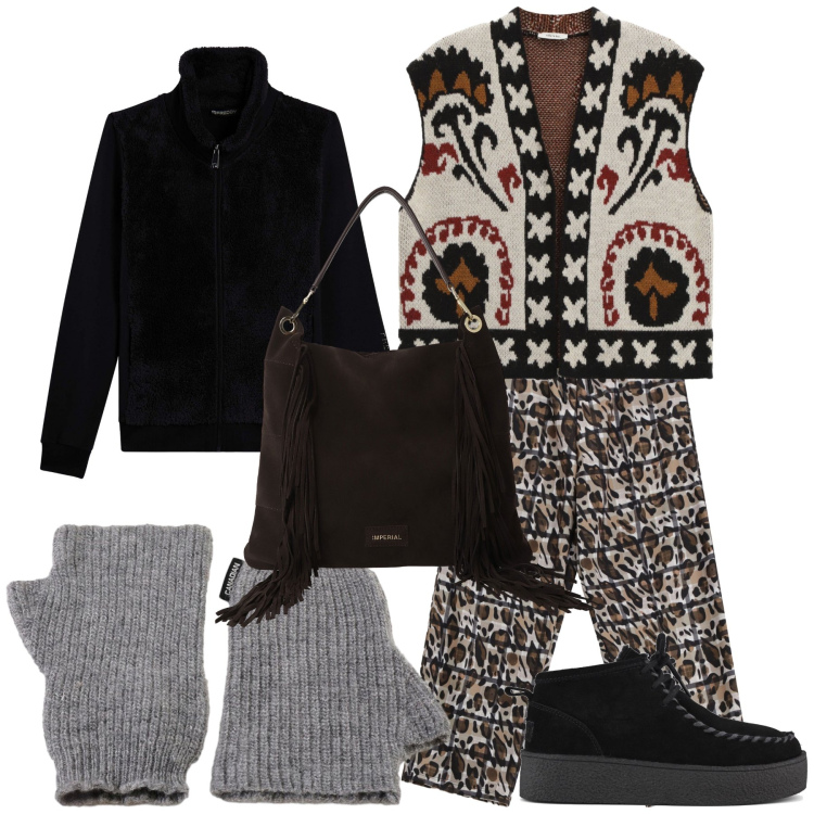 Outfit donna - Etnico look. Stile Etnico per Tutti i giorni. Abbinamento con pantaloni a palazzo, borse a spalla, gilet, felpe, guanti, stivaletti.