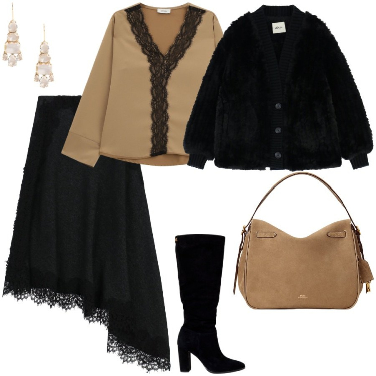 Outfit donna - Outfit Dixie. Stile Glamour per Serata fuori. Abbinamento con bluse, blazer, gonne lunghe, stivali, orecchini, borse a mano.