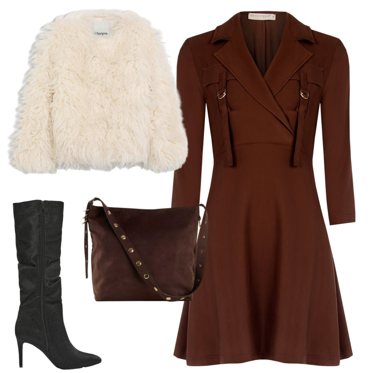 Outfit donna - City. Stile Urban per Tutti i giorni. Abbinamento con ecopellicce, shopping bag, vestiti midi/longuette, stivali.