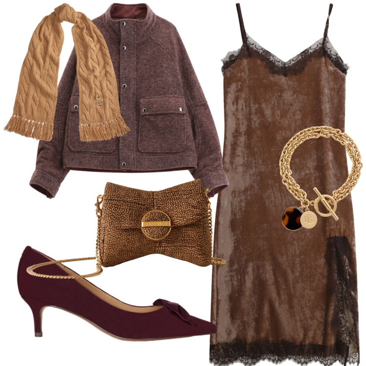 Outfit donna - Quando il marrone è chic. Stile Glamour per Serata fuori. Abbinamento con caban, pochette, vestiti midi/longuette, décolleté, sciarpe, braccialetti con ciondoli.