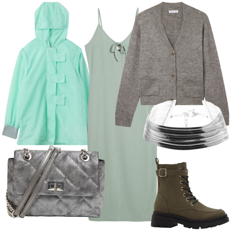 Outfit donna - Pioggia di novembre. Stile Trendy per Ufficio. Abbinamento con vestiti midi/longuette, stivaletti, cardigans, cappotti, borse a tracolla, braccialetti.