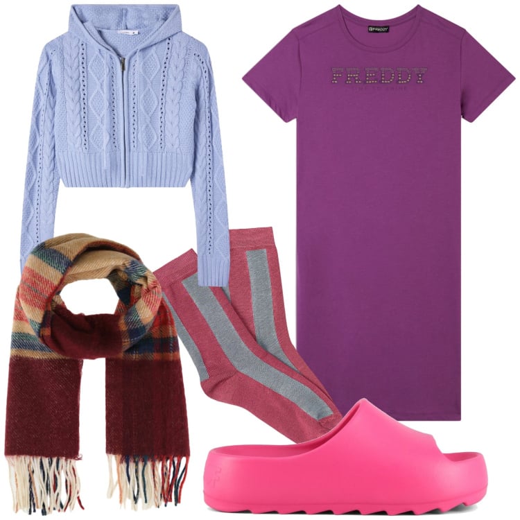 Outfit donna - Casa colorata. Stile Trendy per Tutti i giorni. Abbinamento con sciarpe, cardigans, vestiti, ciabatte, calzini.