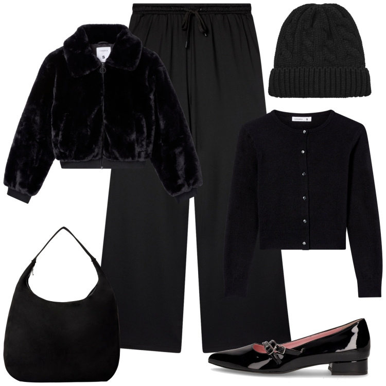 Outfit donna - Total black Terranova. Stile Glamour per Tutti i giorni. Abbinamento con pantaloni, cardigans, ecopellicce, borse a mano, berretti, ballerine.