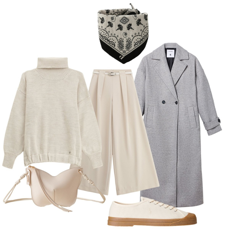 Outfit donna - Total look #2288359. Stile Casual chic per Tutti i giorni. Abbinamento con maglieria, cappotti, pantaloni a palazzo, borse a tracolla, foulard, sneakers.
