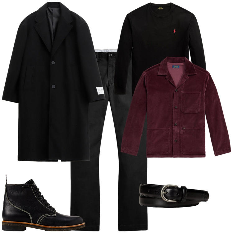 Outfit uomo - Total look #2288360. Stile Trendy per Serata speciale. Abbinamento con cappotti, pantaloni, t-shirt, cinture, giacche, stivali.