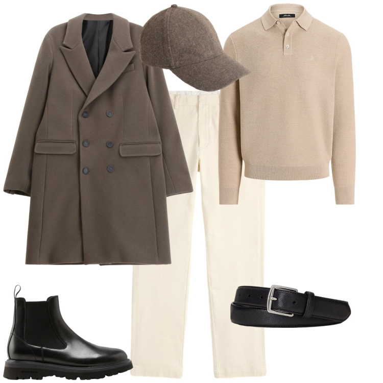 Outfit uomo - Total look #2288361. Stile Trendy per Serata speciale. Abbinamento con cappotti, cinture, maglieria, pantaloni chino, cappelli, stivali e stivaletti.