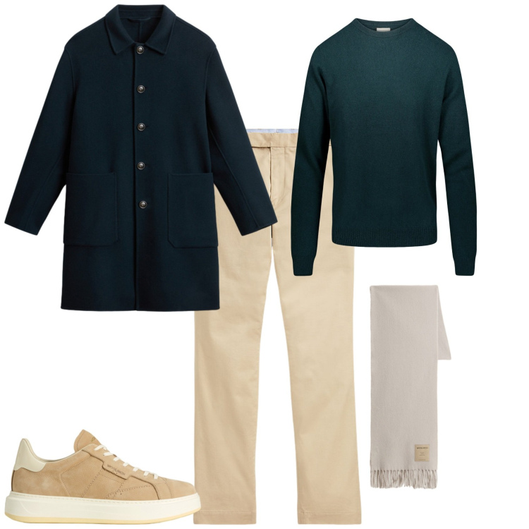 Outfit uomo - Total look #2288364. Stile Trendy per Tutti i giorni. Abbinamento con pantaloni chino, sneakers, sciarpe, cappotti, maglieria.