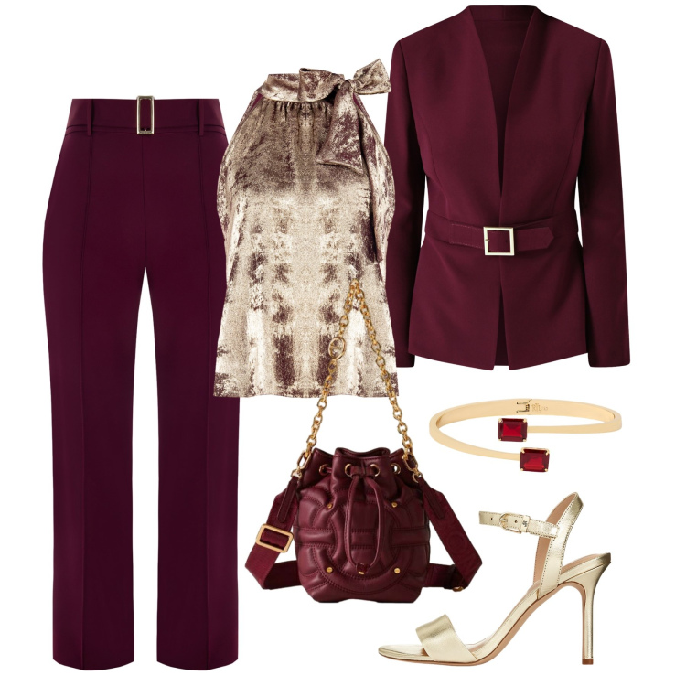 Outfit donna - Serata evento luminosa. Stile Chic per Serata fuori. Abbinamento con pantaloni, blazer, top, borse a secchiello, sandali in pelle, braccialetti.