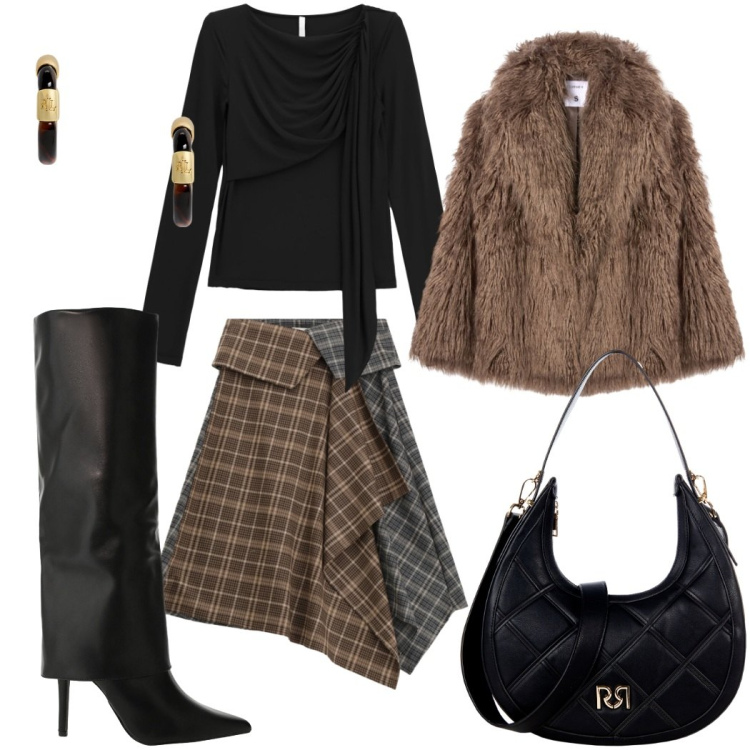 Outfit donna - Mocha Mousse. Stile Glamour per Serata fuori. Abbinamento con ecopellicce, borse a tracolla, bluse, stivali, minigonne, orecchini.