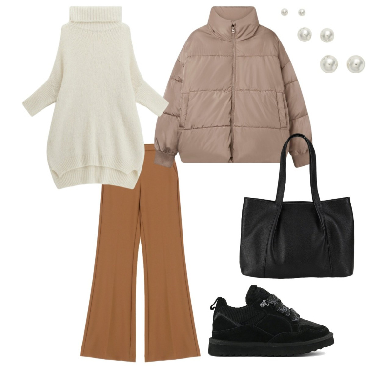 Outfit donna - Degradazioni per l\'ufficio. Stile Casual chic per Ufficio. Abbinamento con shopping bag, bomber, maglieria, pantaloni, orecchini, sneakers alte.