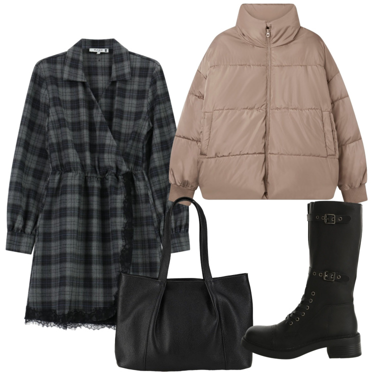 Outfit donna - Novembre. Stile Bon Ton per Tutti i giorni. Abbinamento con shopping bag, vestiti corti, bomber, stivali.