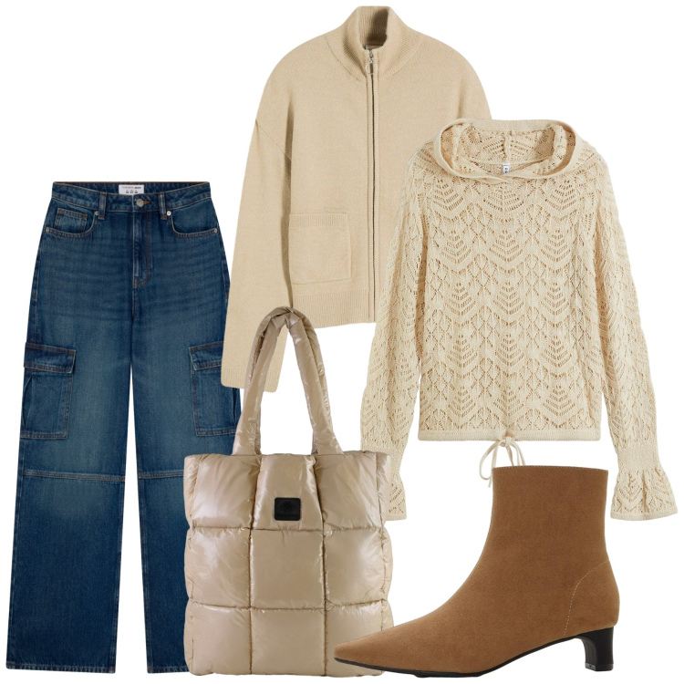 Outfit donna - Novembre. Stile Casual chic per Tutti i giorni. Abbinamento con maglieria, cardigans, stivaletti, jeans, shopping bag.