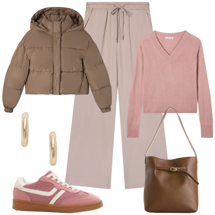 Outfit donna - La mia giacca bomber. Stile Casual per Tutti i giorni. Abbinamento con sneakers, borse a mano, pantaloni, maglieria, bomber, orecchini.